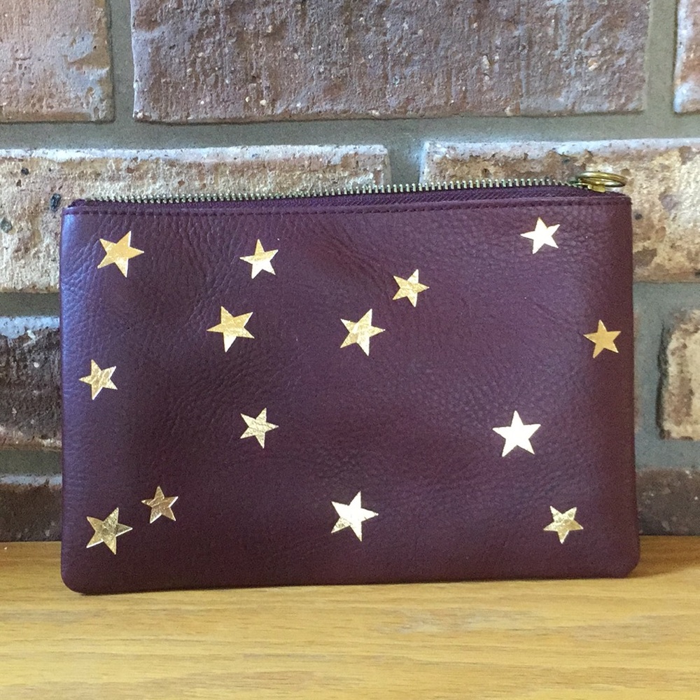 NWT JCrew Burgundy and Gold Leather Star Clutch